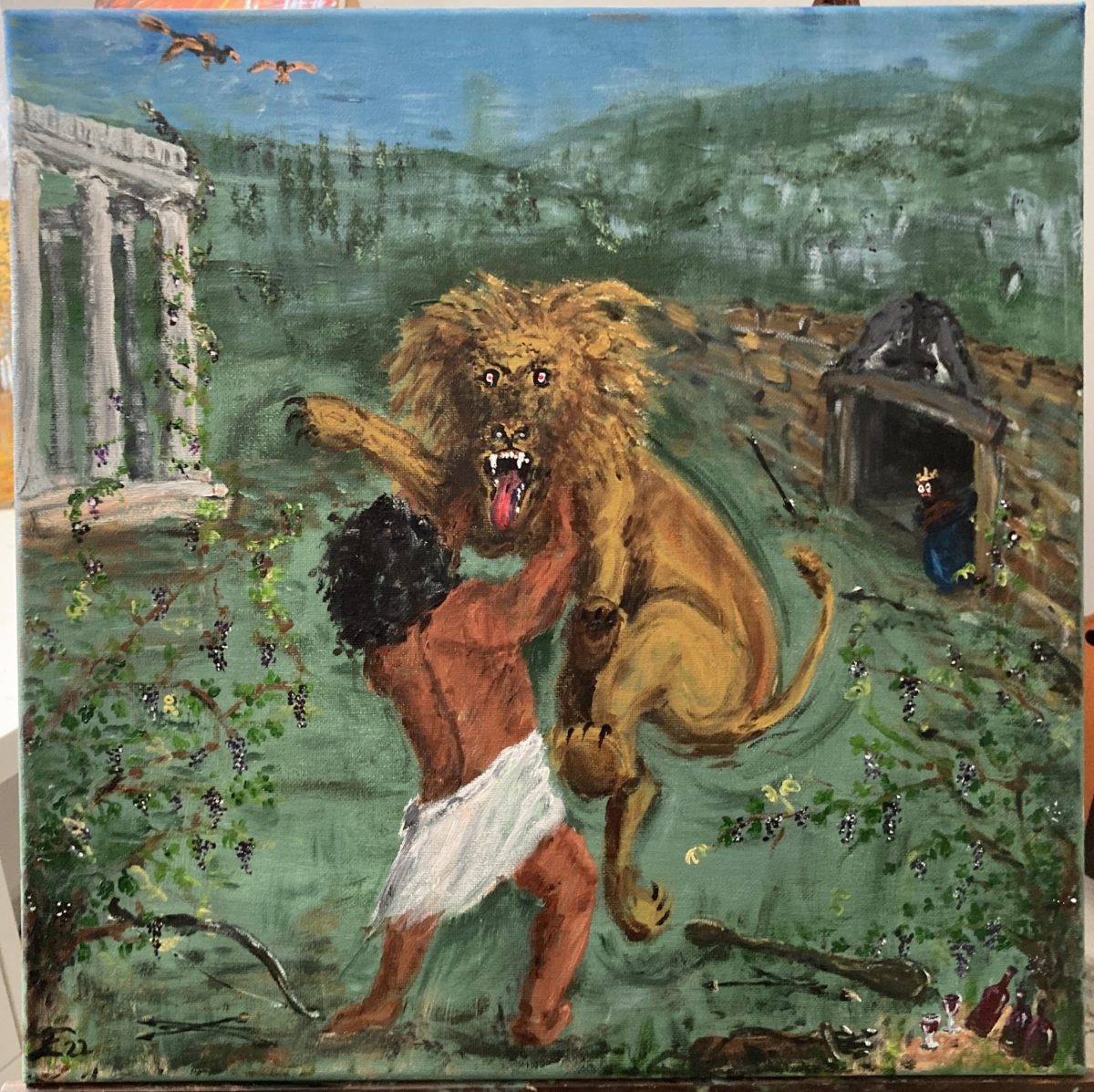 De leeuw van Nemea. Acrylverf op canvas, 40×40 cm Mei 2022